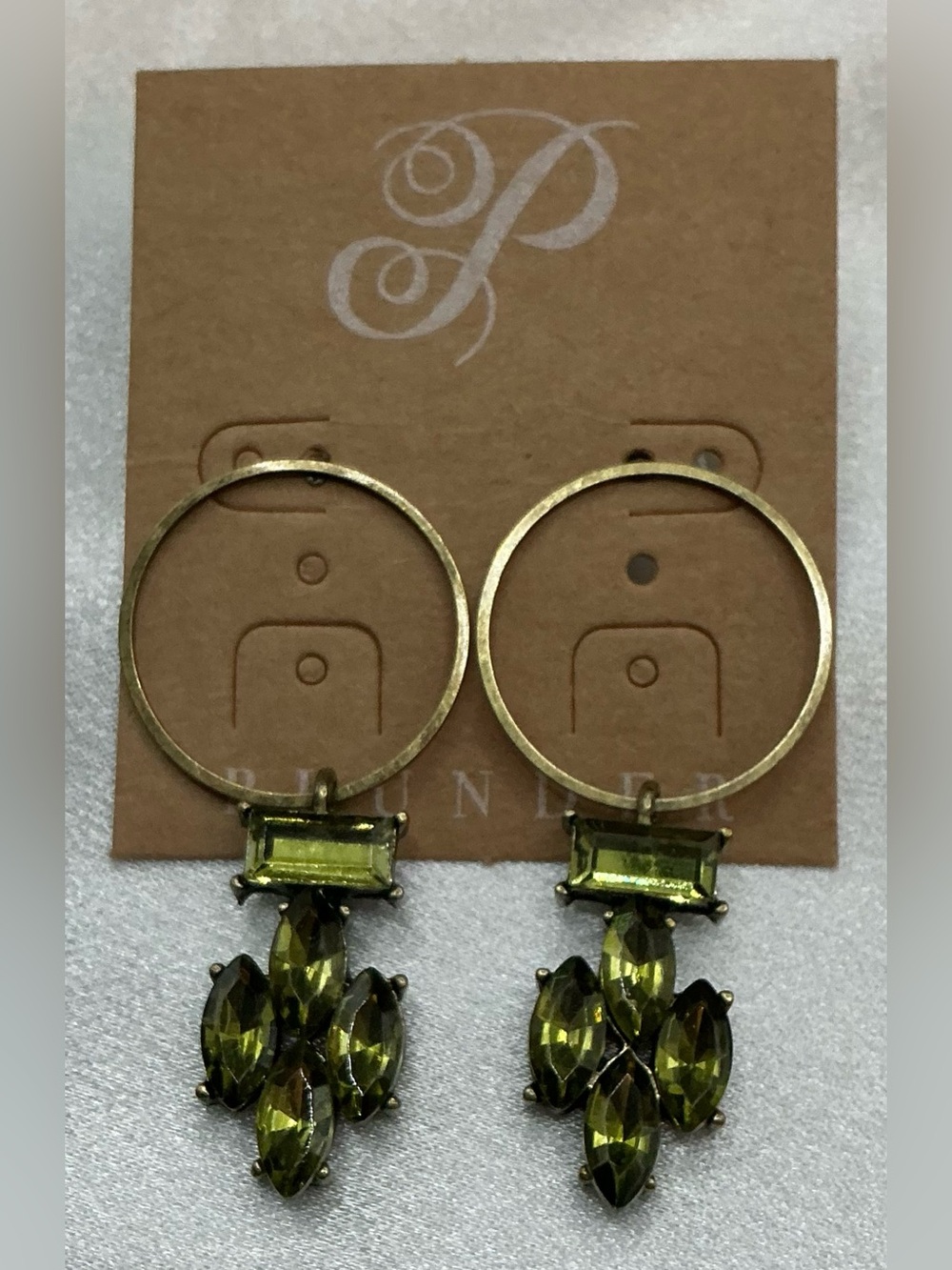PLUNDER GOLD TONE HOOP DROP EARRINGS WITH GREEN CRYSTAL PIERCED EARRINGS